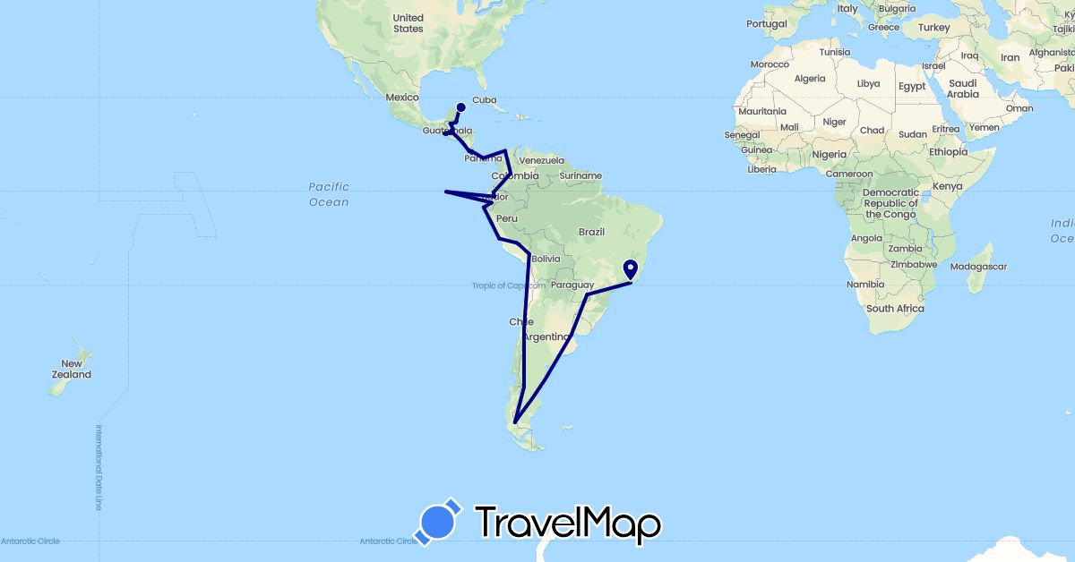 TravelMap itinerary: driving in Argentina, Brazil, Belize, Chile, Colombia, Costa Rica, Ecuador, Guatemala, Honduras, Mexico, Nicaragua, Panama, Peru (North America, South America)